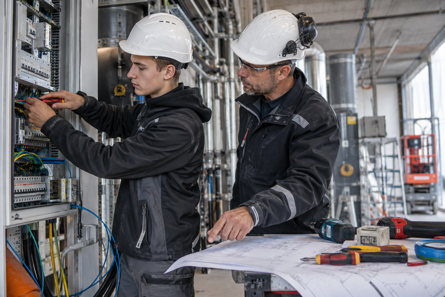 BBL elektromonteur die tijdens uitleg van begeleider werkzaamheden uitvoert